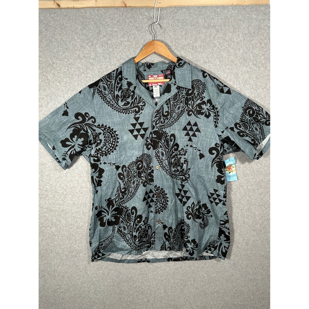 RJC Mens Blue Tribal Paisley Cotton Hawaiian Shirt Made in Hawaii 2XL NWT 102C
